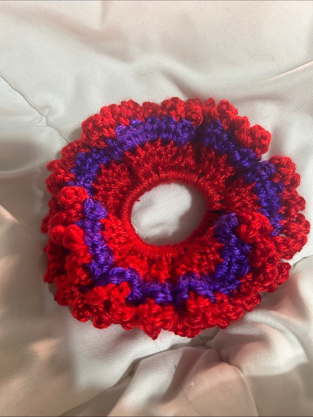 Handmade Red & Purple Crochet Ruffled Scrunchie